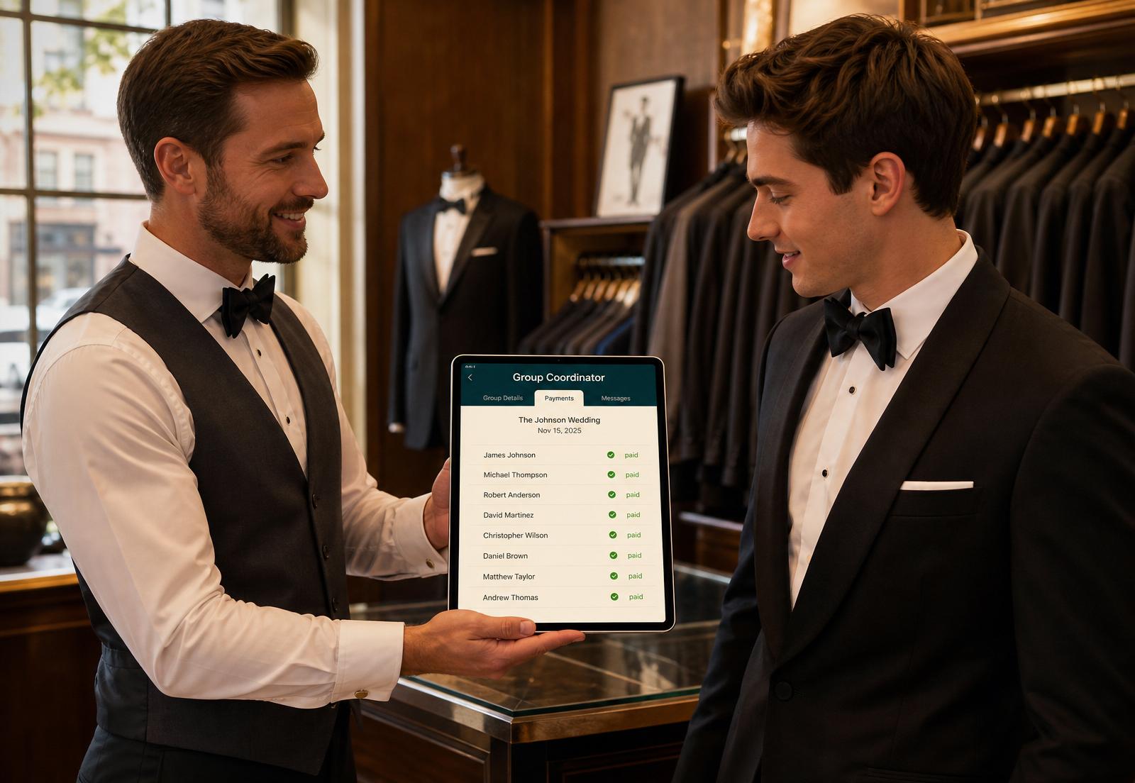 Store associate handing an iPad with the group coordinator to a customer trying on a tuxedo